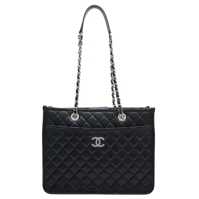 Chanel Matelassé Stitch CC Mark Plate Chain Tote Bag, Black, Circa 2018 in Black Calfskin from VINTAGE QOO TOKYO
