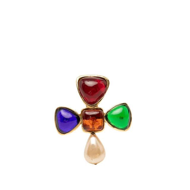 Gold Chanel Gold Plated Multicolored Gripoix and Faux Pearl Pin Brooch in Gold from Designer Revival