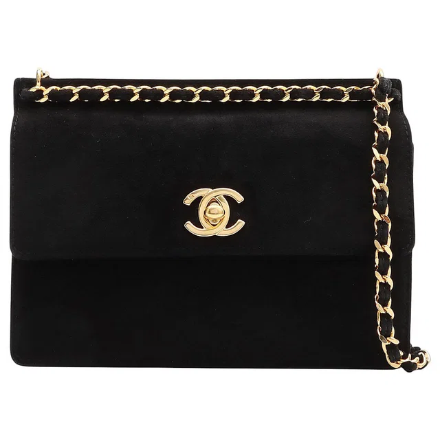 Chanel Circa 1997 Suede CC Turnlock Chain Shoulder Bag Mini Black in Black Suede from VINTAGE QOO TOKYO