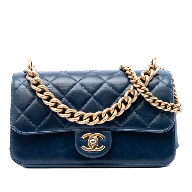 Blue Chanel Small Quilted Calfskin Straight Lined Flap Satchel in Blue Calfskin from Designer Revival
