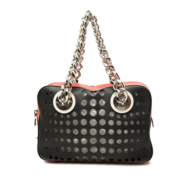 Black Prada Perforated Leather City Fori Chain Handbag in Black Leather from Designer Revival