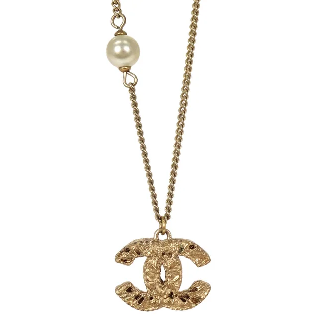 Chanel Costume Pearl Gold Chain CC Pendant Necklace 08A in Gold from AMORE Vintage Tokyo