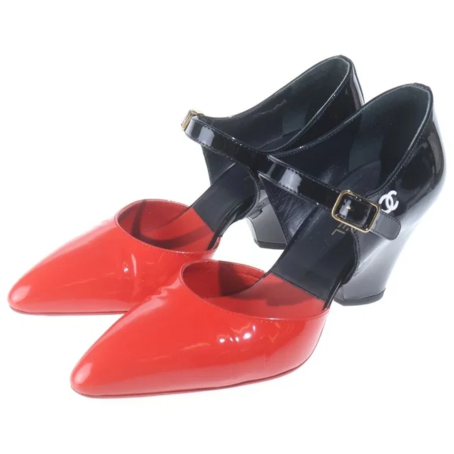Chanel CC Logo Strap Shoes Pumps Sandals Patent Black in Black Patent leather from The Reluxe