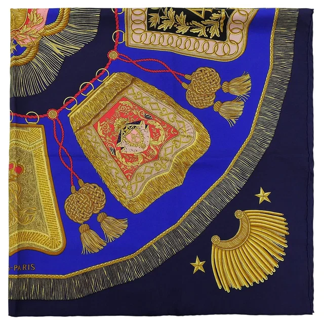 Hermès Caree 90 Poste et Cavalerie Scarf Navy/Blue/Yellow in Navy Silk from VINTAGE QOO TOKYO