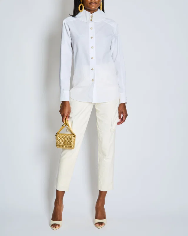 Chanel Resort 2019 La Pausa White Leather Trousers with Gold and Pearl Embellished CC Logo Button… in White Leather from Sellier