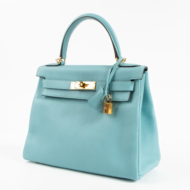 Hermès Kelly 28 Bleu Atoll Clemence GHW in Blue Clemence leather from Labellov, photo 3 of 17