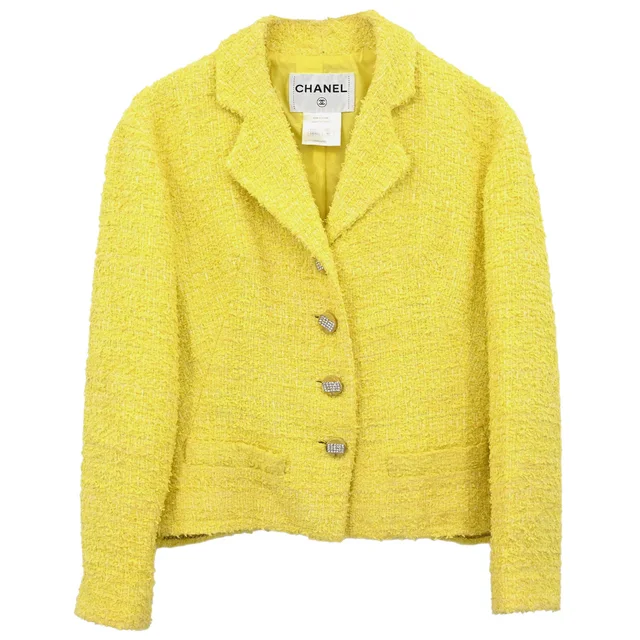 Chanel Single Breasted Jacket Tweed Yellow #40 in Yellow Tweed from AMORE Vintage Tokyo