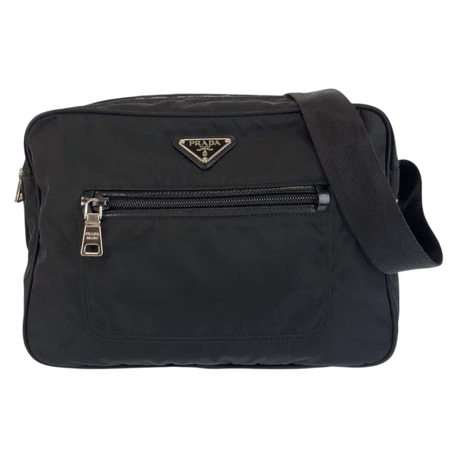 Prada Tessuto Black Silver Nylon Shoulder Bag Pochette in Black Nylon from The Reluxe