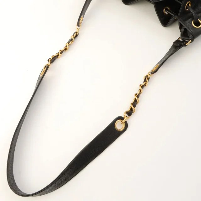 Chanel Circa 1995 Caviar Skin 6CC Turnlock Plate Pouch Drawstring Shoulder Bag Black in Black Caviar leather from VINTAGE QOO TOKYO, photo 12 of 14