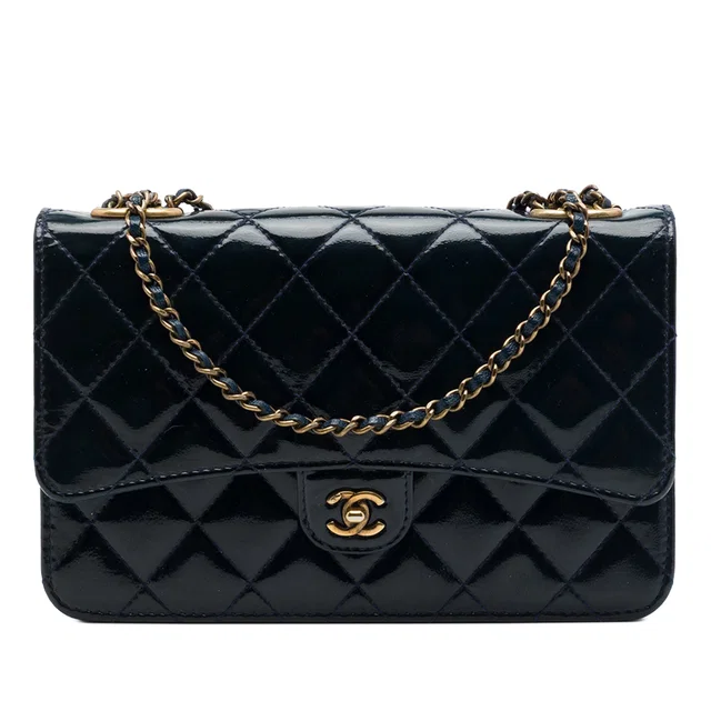 Blue Chanel Quilted Patent and Goatskin CC Eyelet Wallet On Chain Crossbody Bag in Blue Goatskin from Designer Revival
