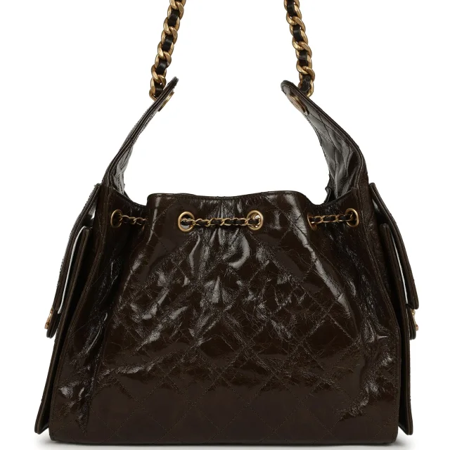 Chanel Small 25 Hobo Bag Khaki Shiny Aged Crumpled Calfskin Antique Gold Hardware in Green Calfskin from Madison Avenue Couture, photo 4 of 9