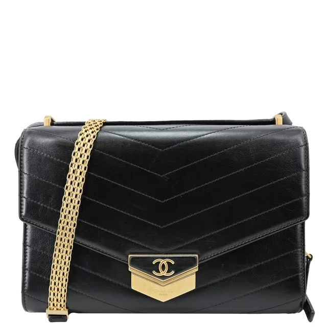 Chanel Medal Flap Calfskin Chevron Quilted Leather Shoulder Bag Black in Black Calfskin from Dallas Designer Handbags
