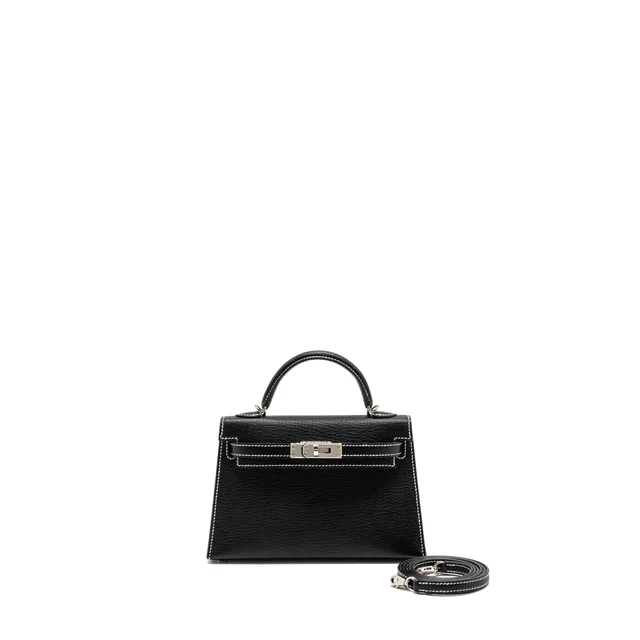 Hermès Mini Kelly II special order chevre mysore black / gris perle SHW stamp W in Black Goatskin from EMIER