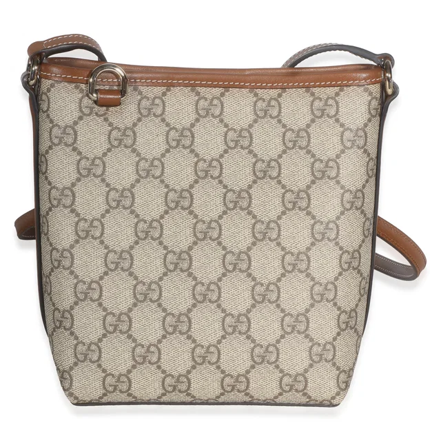 Gucci Beige Dark Brown GG Supreme Monogram Emblem Nano Bucket Bag in Brown Canvas from myGemma