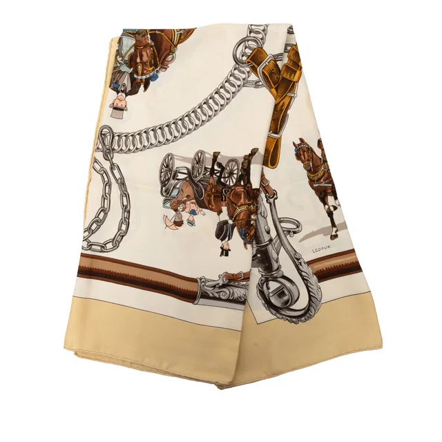 White Hermès Equipages Silk Scarf 90 Scarves in White Silk from Designer Revival