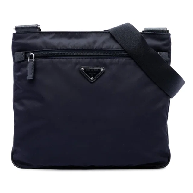 Blue Prada Saffiano Trimmed Tessuto Zip Top Crossbody in Blue Saffiano leather from Designer Revival