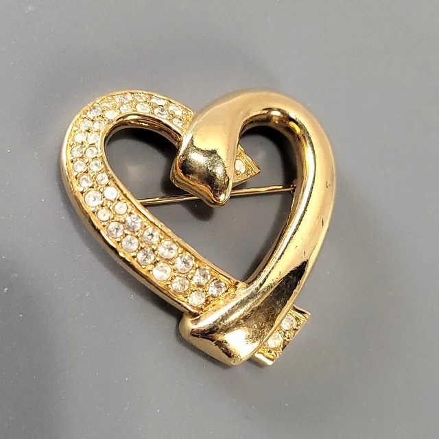 Swarovski Heart Brooch Women Gold Tone Crystal Pave Ribbon Wrap Swan Logo in gold from Poshmark