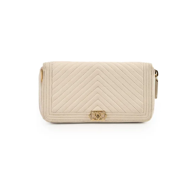 Chanel Chevron Boy Cream Long Wallet in White Leather from The Purse Affair