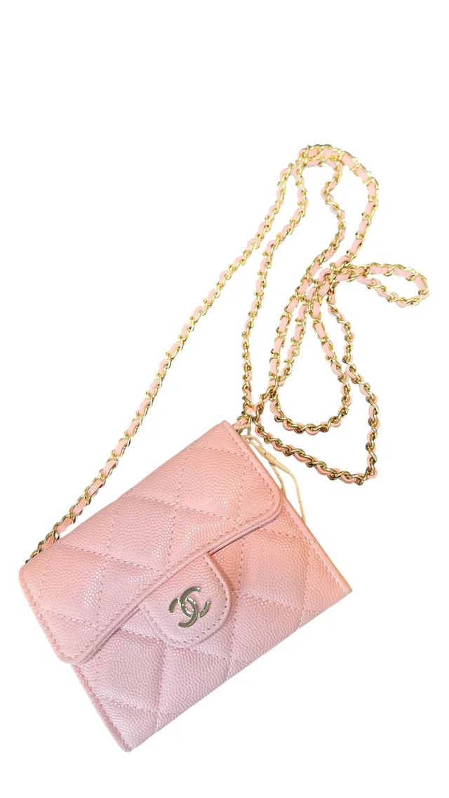 Chanel Card Holder with Chain Pink Caviar LGHW Microchipped NEW in Pink Caviar leather from Luxury Promise