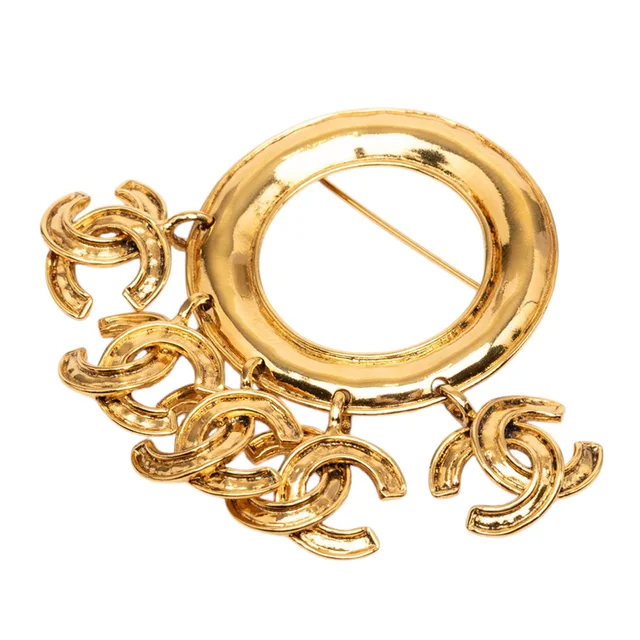Gold Chanel CC Gold Plated Five Charm Ring Brooch in Gold from Designer Revival