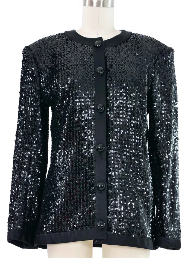 Saint Laurent Black Sequin Jacket in Black Satin from Arcade Vintage