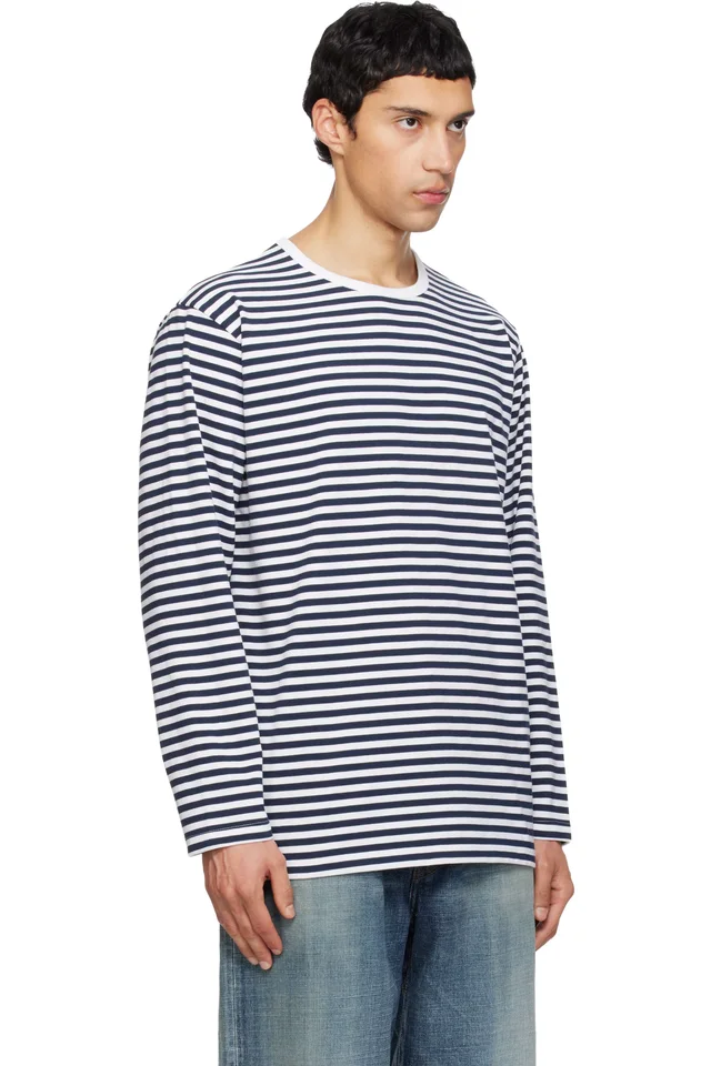 nanamica Navy & White COOLMAX Stripe Jersey L/S T-shirt, photo 2 of 2 from SSENSE
