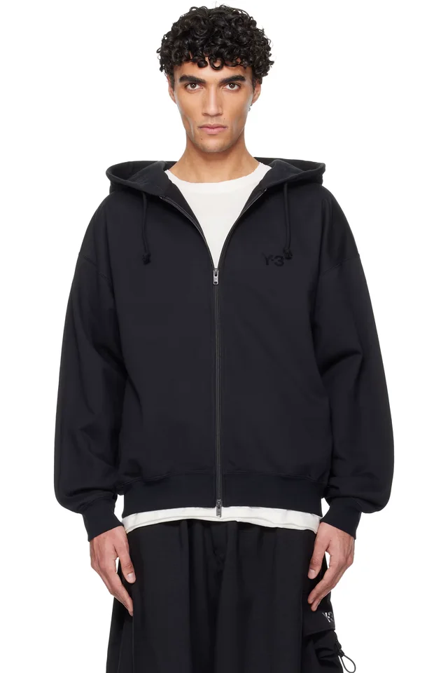 Y-3 Black Brushed Terry Zip Hoodie, image 1 of 1 from SSENSE