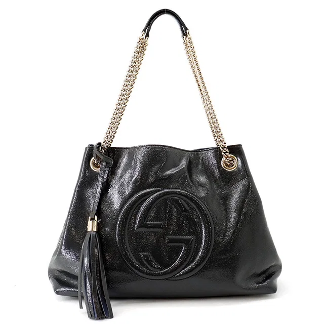 Gucci Soho Interlocking G Chain Shoulder Bag Navy308982 Patent Leather in Patent leather from GALLERY RARE