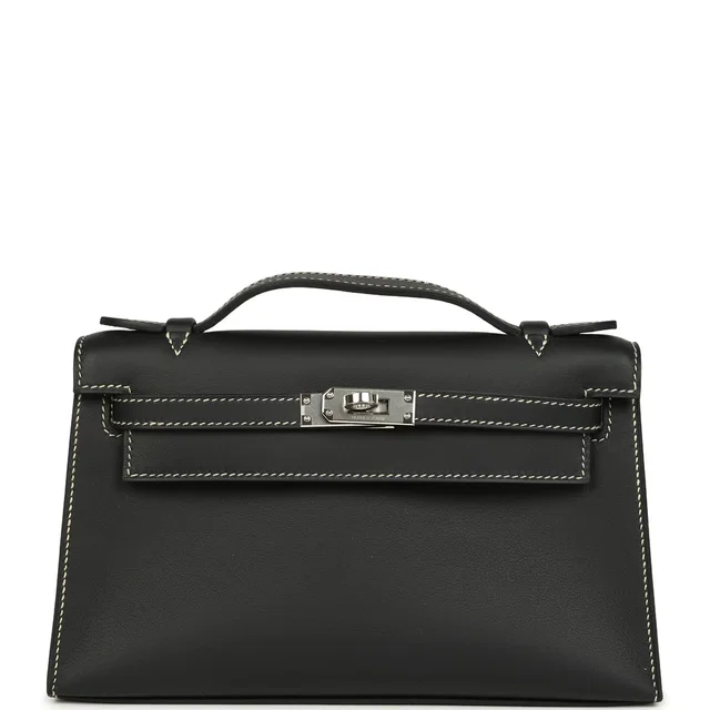 Hermès Special Order (HSS) Kelly Pochette Black Verso Swift Palladium Hardware in Black Swift leather from Madison Avenue Couture