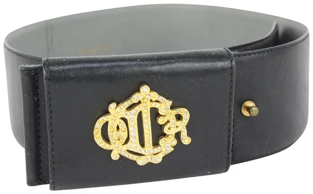 Dior Black x Gold Crystal Initials Belt in Black Leather from Bagriculture