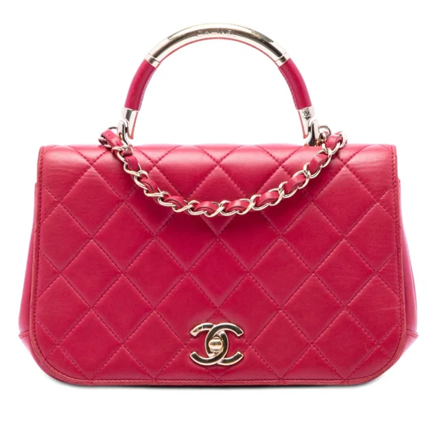 Red Chanel Small Quilted Lambskin Carry Chic Flap Satchel in Red Lambskin from Designer Revival