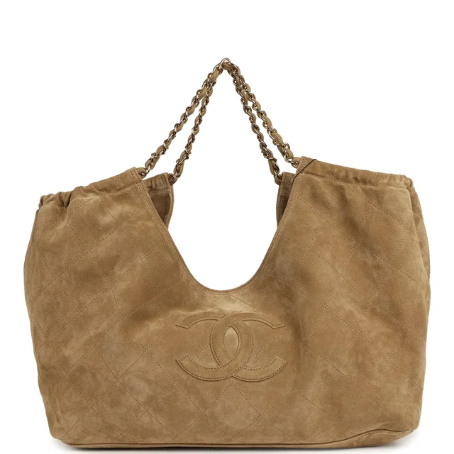 Chanel Maxi CC Cabas Hobo Bag Dark Beige Suede Gold Hardware in Beige Suede from Madison Avenue Couture