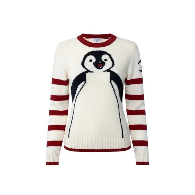 Chanel Knit Sweater Penguin Print Crew Neck Wool Ivory Red 42 in White Wool from The Reluxe