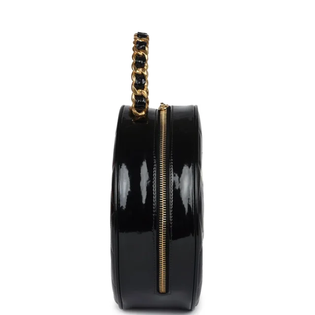 Chanel Vintage Round Vanity Bag Black, White Patent Leather Antique Gold Hardware in Black Patent leather from Madison Avenue Couture, photo 3 of 9