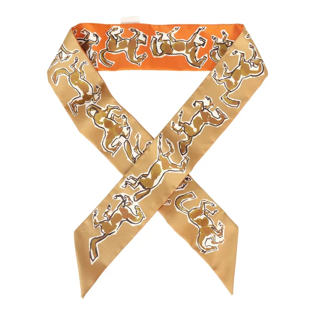 Hermès "Chevaux En Liberte" Orange Cuit, Beige Doré, Blanc Multi Silk Twilly Pair in White Silk from Madison Avenue Couture