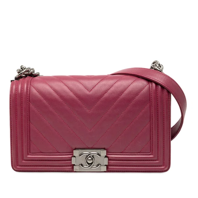 Pink Chanel Old Medium Chevron Lambskin Boy Flap Crossbody Bag in Pink Lambskin from Designer Revival
