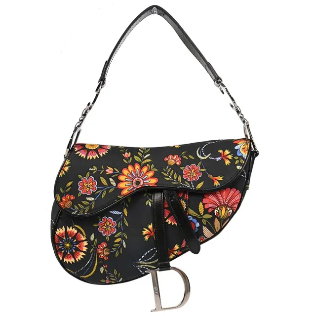 Dior 2002 Black Canvas Floral Saddle Handbag in Black Canvas from AMORE Vintage Tokyo