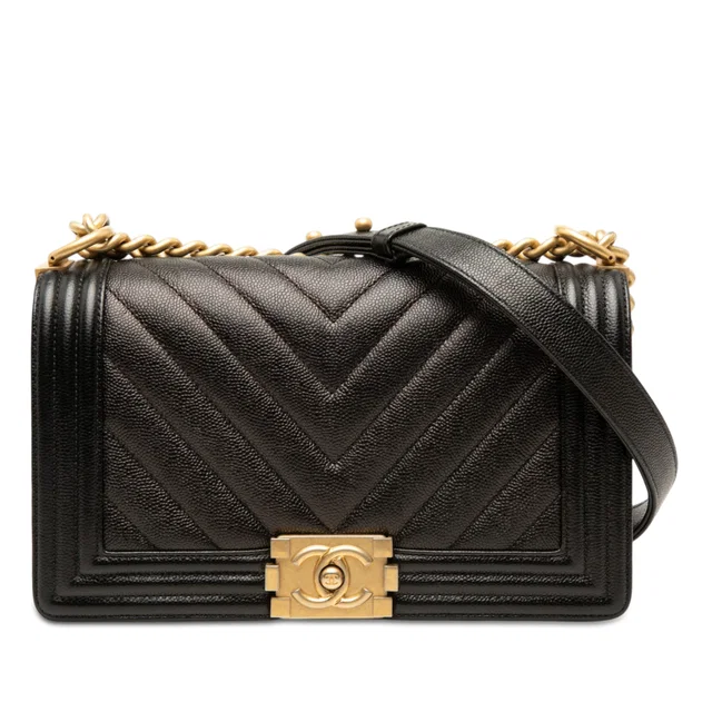 Black Chanel Old Medium Chevron Caviar Boy Flap Crossbody Bag in Black Caviar leather from Designer Revival
