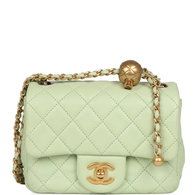 Chanel Mini Square Pearl Crush Flap Bag Light Green Lambskin Antique Gold Hardware in Green Lambskin from Madison Avenue Couture