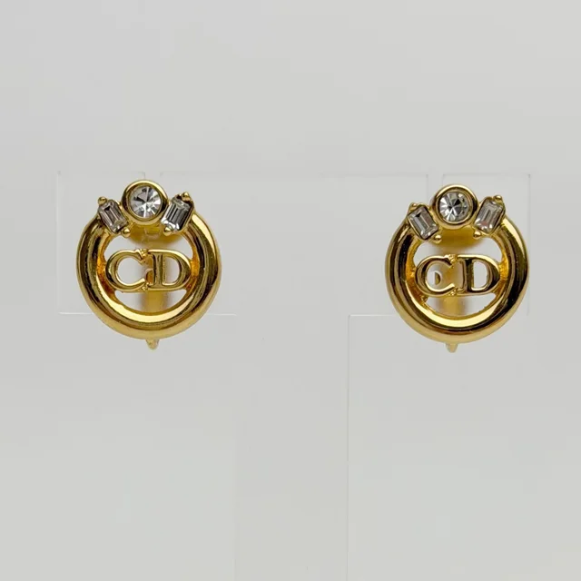 Dior Circle CD Logo Rhinestone Earrings Plated Gold Clear Vintage in Gold from The Reluxe