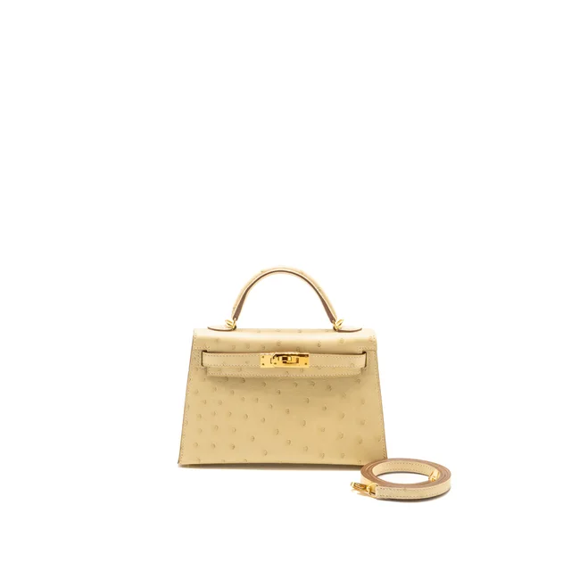 Hermès Mini Kelly II Ostrich Y1 Vanille GHW Stamp B in Ostrich from EMIER