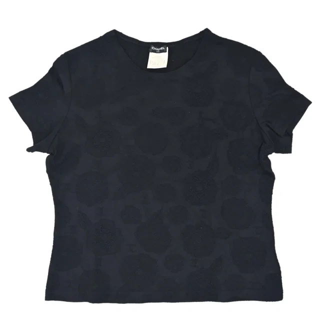 Chanel 1998 Short Sleeve Camellia CC Top Black #50 in Black Nylon from AMORE Vintage Tokyo