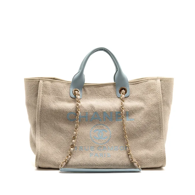 Chanel Deauville tote bag canvas / leather beige / light blue LGHW (microchip) in Beige Canvas from EMIER