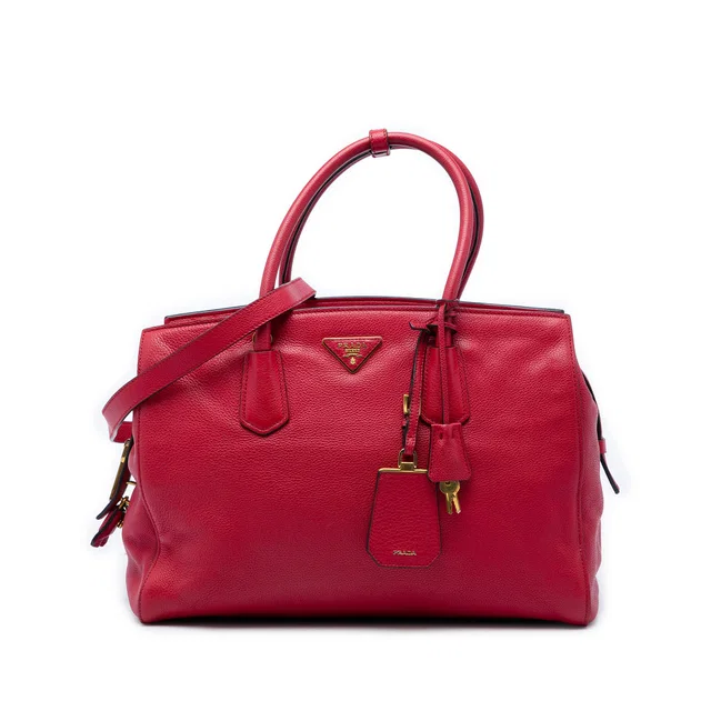 Red Prada Vitello Daino Zip Top Convertible Tote Satchel in Red Leather from Designer Revival