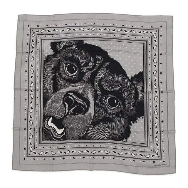 Hermès Carre GRRRRR! Bandana Size 65 Gris Claire/Black/White Cashmere70% Silk30% in Black from GALLERY RARE