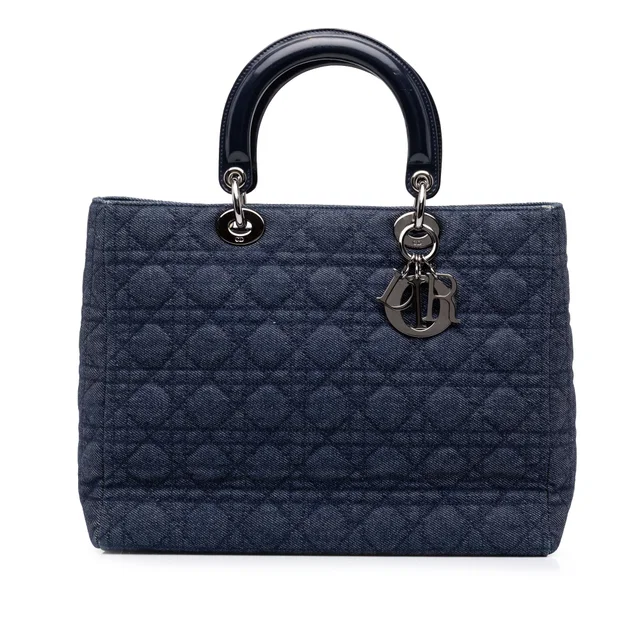 Blue Dior Large Denim Cannage Lady Dior Satchel in Blue Denim from Designer Revival