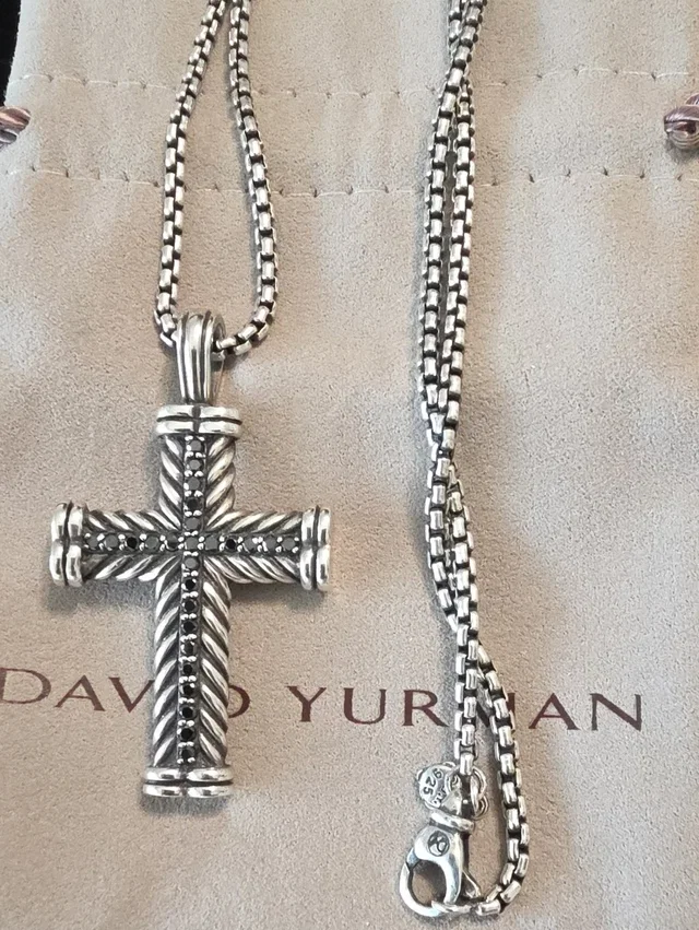 David Yurman Silver Rope Cross Necklace With Black Diamonds in silver|black|gray from Poshmark, photo 1 of 1