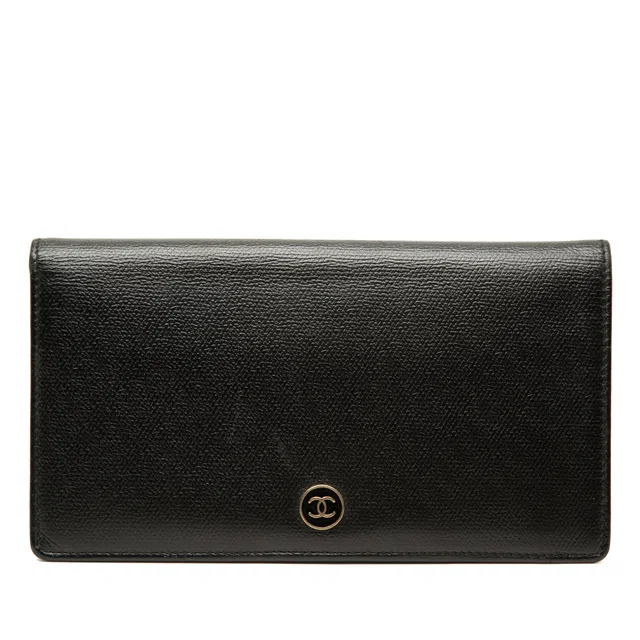 Black Chanel CC Button Calfskin Bifold Long Wallet in Black Calfskin from Designer Revival