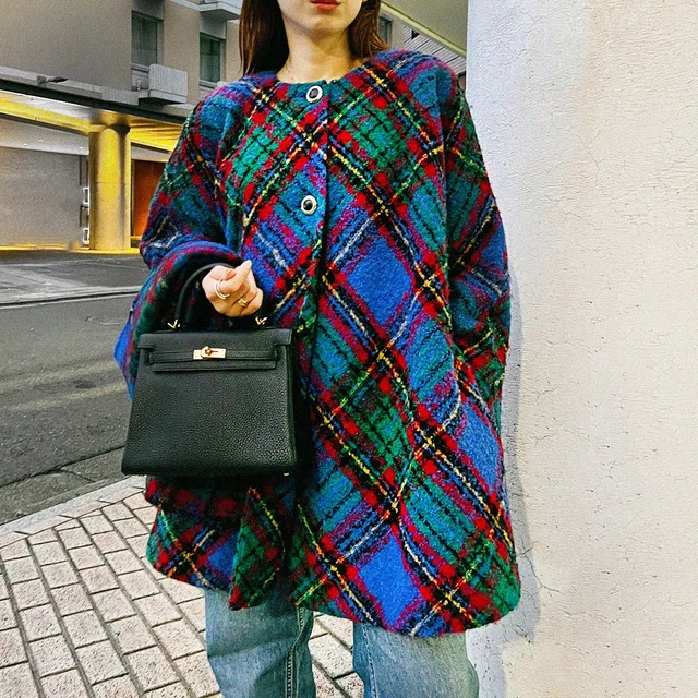 Dior Plaid Flared Coat with Scarf #L Blue/Multi in Blue Nylon from VINTAGE QOO TOKYO