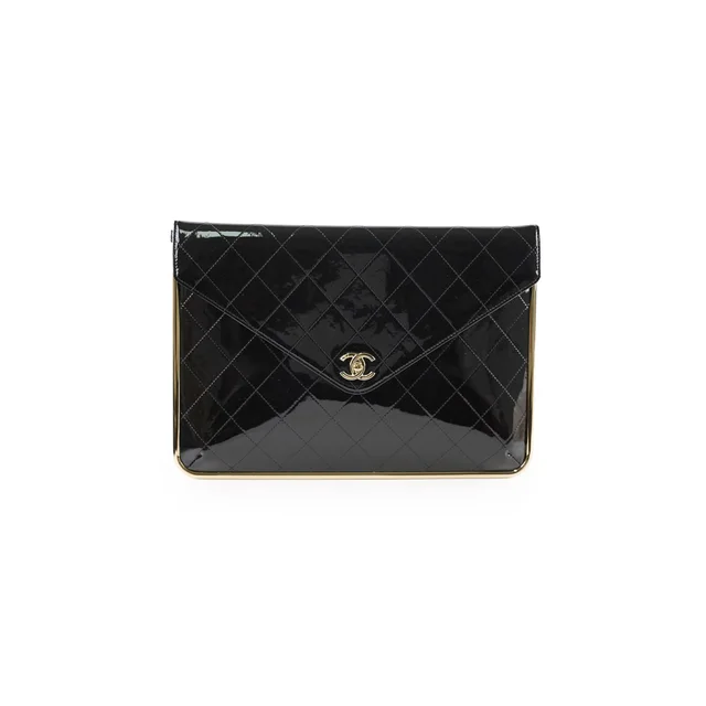 Chanel Large Black Patent Metal Frame Clutch (microchip) in Black Patent leather from The Purse Affair